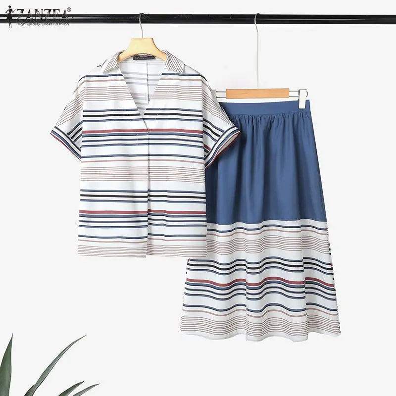 Summer ZANZEA Women Dress Sets Fashion Stripe 2PCS Two-piece Outfits Short Sleeve Thin Tops Long Skirts OL Work Streetwear 3XL
