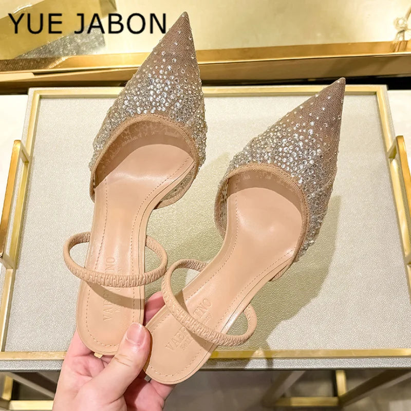 Nude Summer Women's Sandals Rhinestone Bright Mesh High Heels Footwear Elegant Slingback Pointed Slip on Party Lady Pumps Shoes
