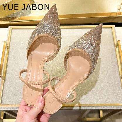 Nude Summer Women's Sandals Rhinestone Bright Mesh High Heels Footwear Elegant Slingback Pointed Slip on Party Lady Pumps Shoes