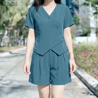 ZANZEA Women's Short Sets Asymmetric Placket Short Sleeve Tops & Elastic Waist Shorts 2 Piece Suits Summer Casual Chic Outfits