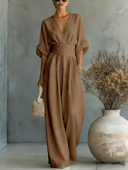 Women Elegant High Waist Jumpsuits Summer Short Sleeve Wide Leg Pants Romper Casual V Neck Solid Loose Jumpsuits Streetwear