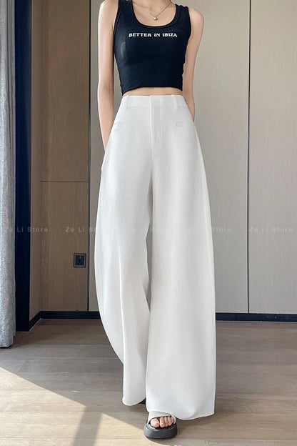 Summer 2026 New Style Women's Linen Wide Leg Suit Pants Thin Ice Silk Sun Protection High Waist Casual Straight Floor