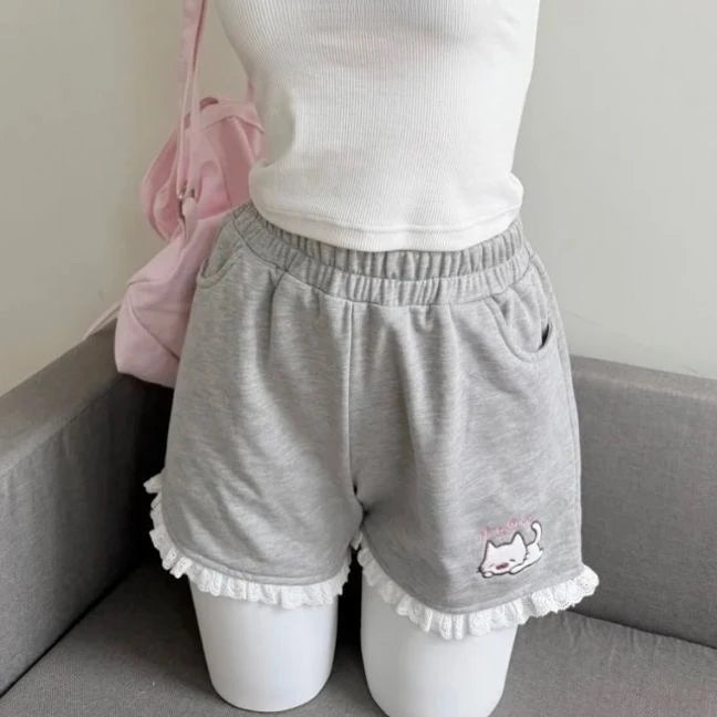 Summer Japanese High Waisted Shorts Women Cute Cat Cartoon Print Cotton Short Pants Casual Fashion Female Bottoms Shorts New