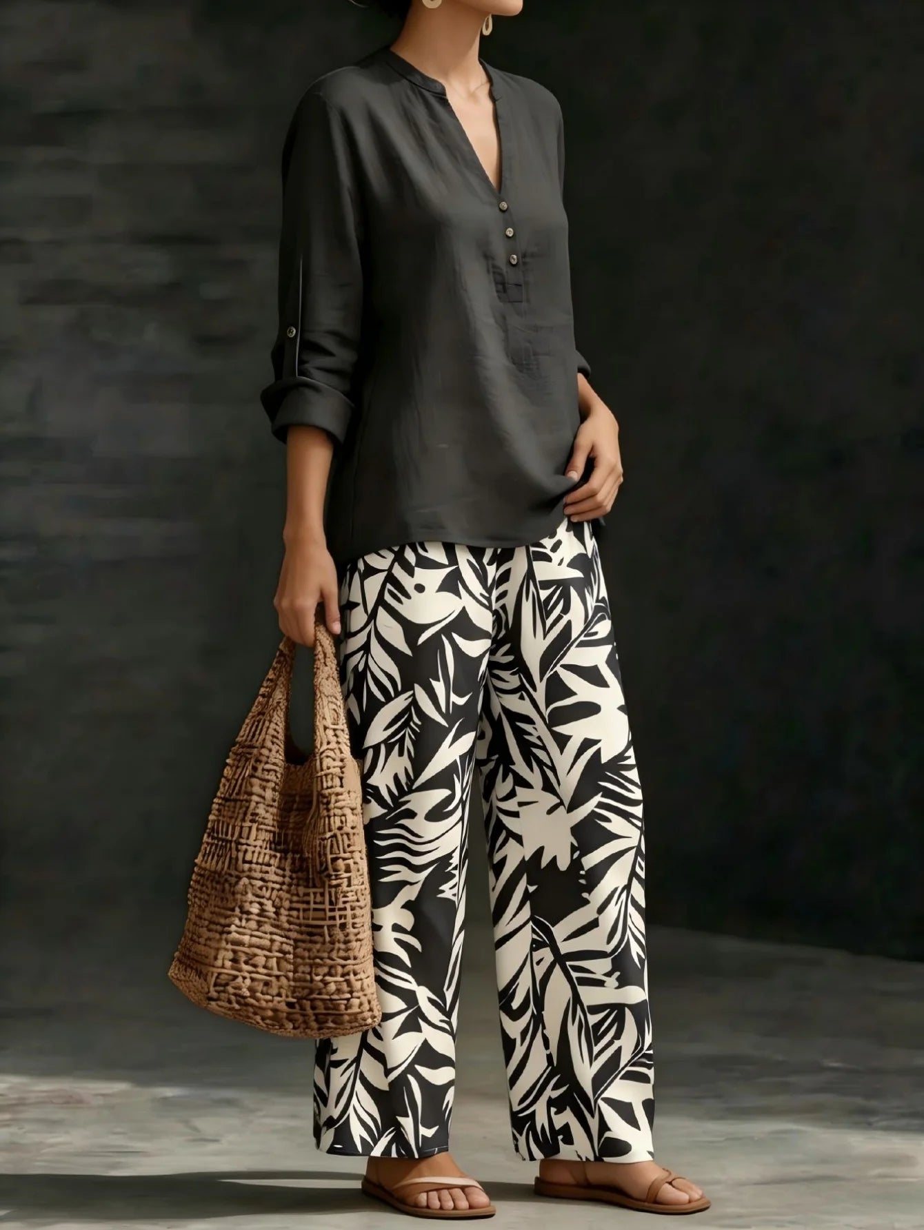 Women 2 Piece Outfit Notched V‑Neck Button Blouse Top Leaf Print Elastic Waist Wide Leg Pants Set Casual Holiday Boho Vacation Outfit With Pockets