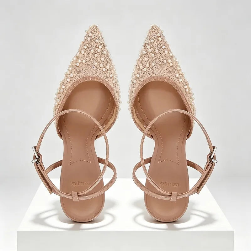 Luxury Bling String Bead Mesh Designer Pumps Women Sexy Pointed Toe Ankle Strap High Heels Elegant Party Wedding Heeled Sandals