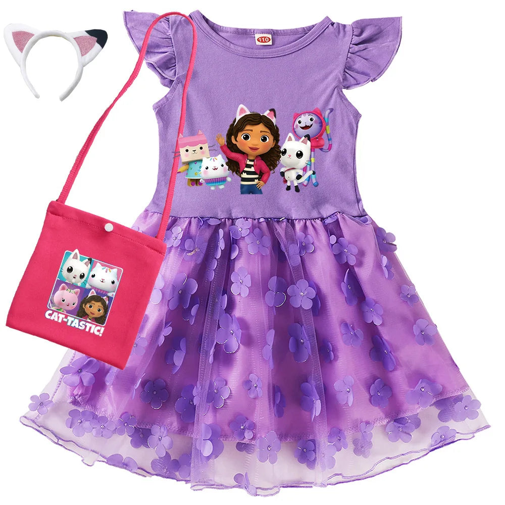 Vestidos Gabbys Dollhouse Costume Kids Cartoon Gabby Chat Dress Baby Girls Summer Short Sleeve Casual Dresses and Bag & Headband