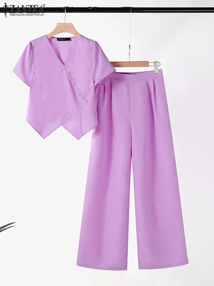 Women Pant Sets 2024 ZANZEA Summer V-neck Short Sleeve Tops Trousers Suits Casual 2PS Solid Work Outfits Fashion OL Tracksuits