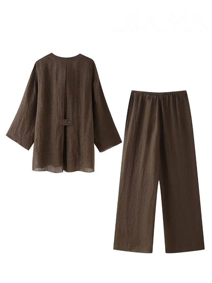 HH 2025 Spring Women Fashion Linen Suits New Solid Cardigan Kimono Top + Versatile Outerwear Female Wide Leg Long Pant