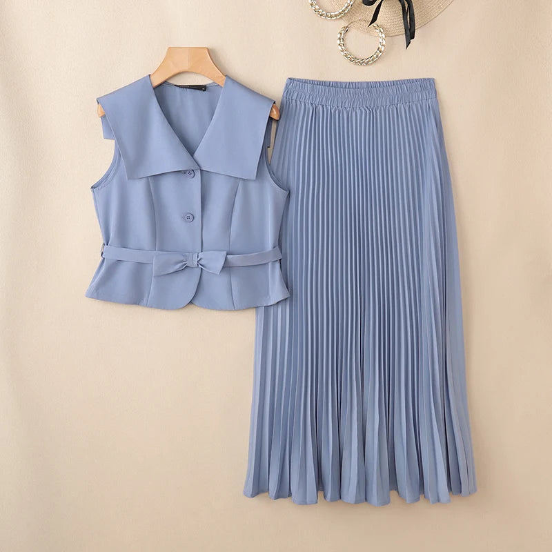 ZANZEA Summer Office Outfits Fashion Women Dress Sets Elegant Lapel Neck Sleeveless Vests Tops A Line Pleated Skirt Suit OL Work