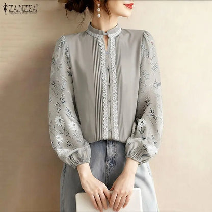 ZANZEA Lace Patchwork Pintuck Details Shirts Women's Elegant Mandarin Collar Floral Puff Sleeves Button Up Shirt Woman Tops 3XL