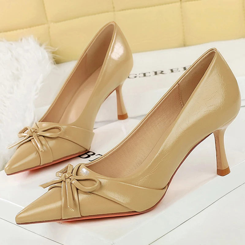 BIGTREE Shoes Retro Women Pumps Bowknot Decoration High Heels Sharp Pointed Women's Heels Stiletto Sexy Party Shoes Office Shoes