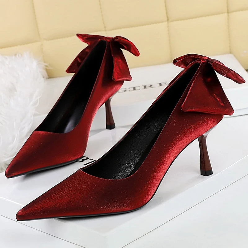 BIGTREE Shoes Pointed Women Pumps Bowknot Satin Kitten Heels Ladies Shoes Stiletto 6.5 CM Comfort Luxury Banquet Shoes Women