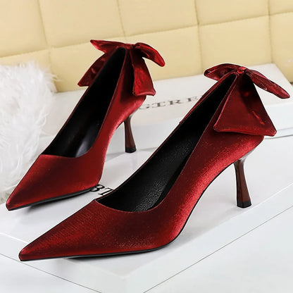 BIGTREE Shoes Pointed Women Pumps Bowknot Satin Kitten Heels Ladies Shoes Stiletto 6.5 CM Comfort Luxury Banquet Shoes Women