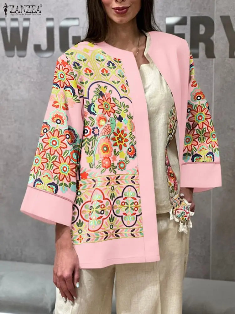 ZANZEA Bohemian Floral Printing Women Cardigan Autumn 2025 O-Neck Long Sleeve Open-Front Kimono Ethnic Style Woman Cover-Up Tops