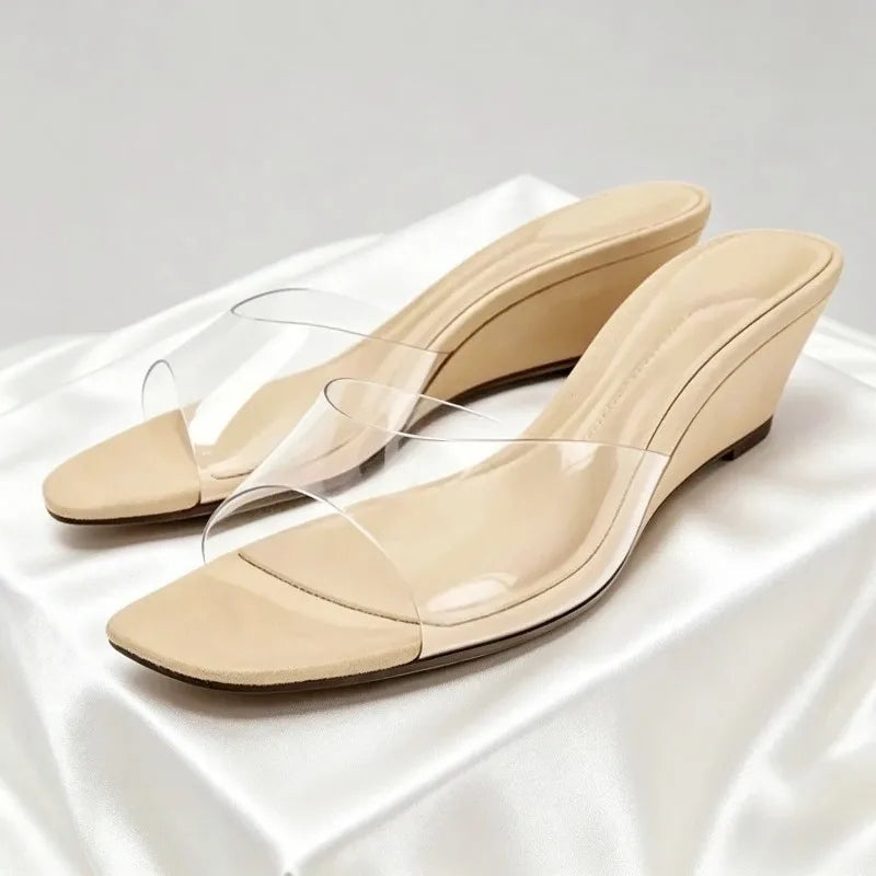 Fashion Wedge Heel Women Slippers Sexy Open Toe Transparent Pvc Strap Design Heeled Sandals for Ladies Summer Elegant Women Shoe