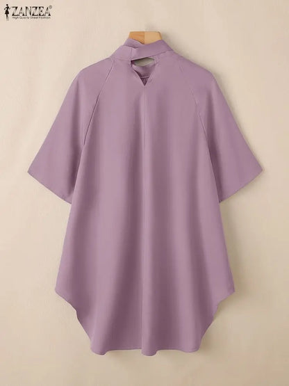 ZANZEA Fashion Women's High-Low Blouses Elegant Bow Tie Neck Half Sleeve Solid Color Designer Long Blouse Korean Woman Clothes