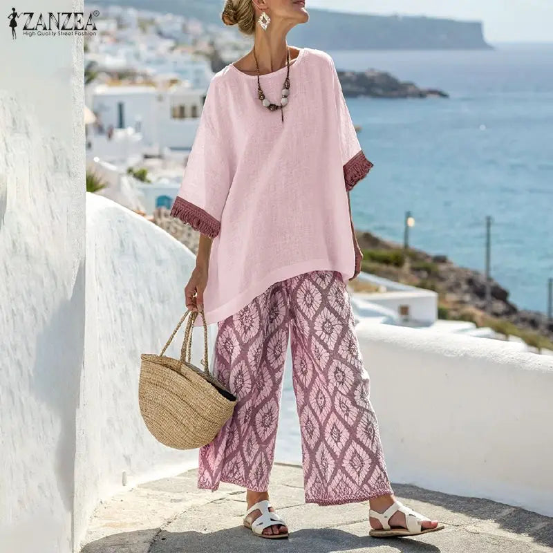 ZANZEA Spring 2 Pieces Sets Bohemain Tracksuit 2026 Women Stylish Printed Pant Sets 3/4 Sleeve Blouse Trousers Holiday Outfits