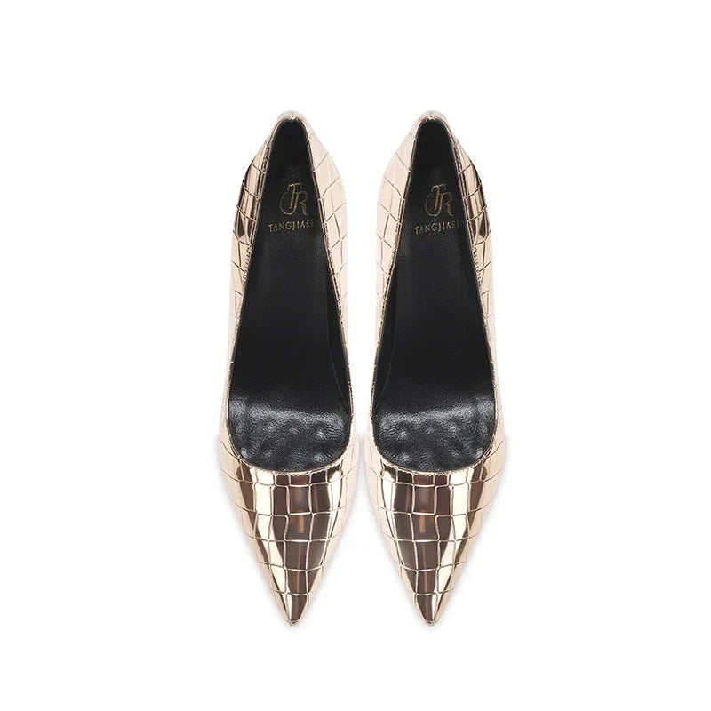 Summer new crocodile patterned high heels for women, slim heels, sexy, fashionable, versatile, professional single shoes