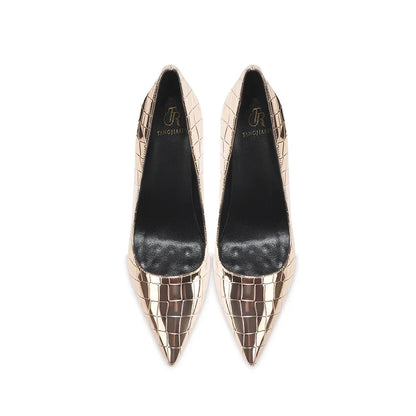 Summer new crocodile patterned high heels for women, slim heels, sexy, fashionable, versatile, professional single shoes