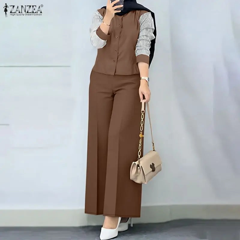ZANZEA Women Muslim 2 Pieces Sest Hijab Tracksuit Fashion Pant Sets Summer Long Sleeve Patchwork Blouse Trousers Suit Outfits