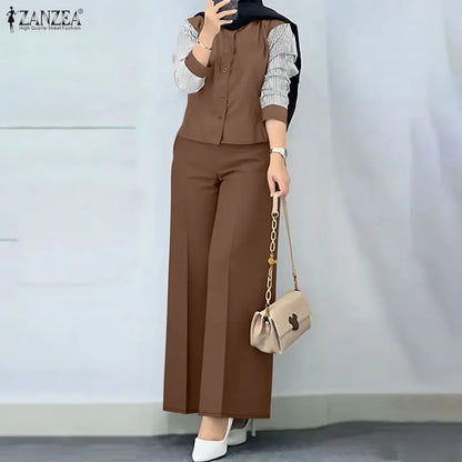 ZANZEA Women Muslim 2 Pieces Sest Hijab Tracksuit Fashion Pant Sets Summer Long Sleeve Patchwork Blouse Trousers Suit Outfits