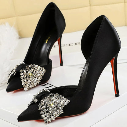 BIGTREE Shoes Rhinestone Bow Women Pumps Silks Satins High Heels Luxury Banquet Shoes Stiletto 7.5 cm 10 cm Sexy Party Shoes