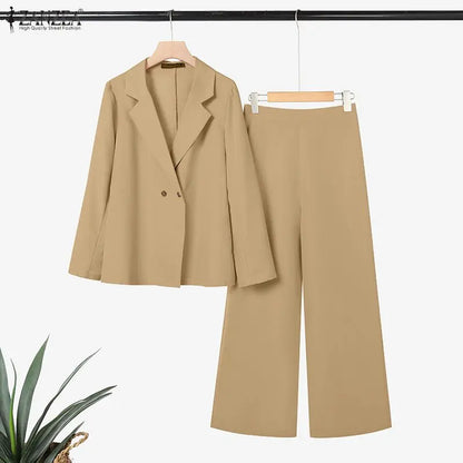 ZANZEA Women's Elegant Pant Suits Office Wear Long Sleeve Blazer and Wide Leg Pants 2 Piece Sets Woman Casual Lightweight Outfit