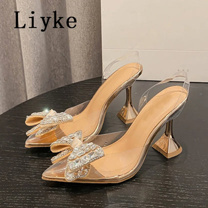 Liyke 2026 New Silver Crystal Bowknot Women Pumps High Heels Transparent Sandals Sexy Pointed Toe Wedding Banquet Shoes Size 41