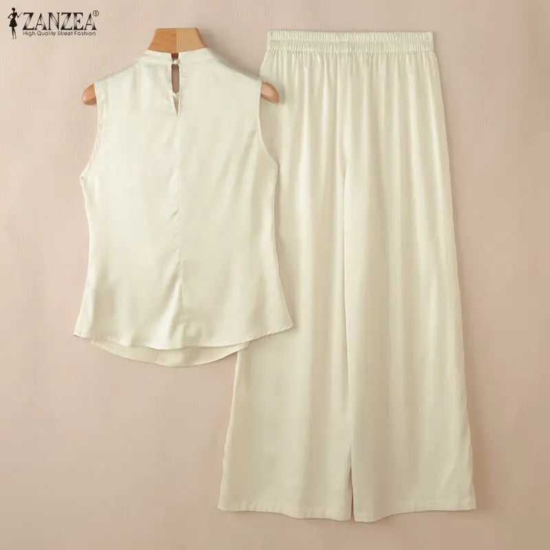 ZANZEA Summer Office Outfits Women Elegant Swing Neck Sleeveless Tanks Tops Pant Sets Fashion OL Work Satin Tracksuit 2 Pieces