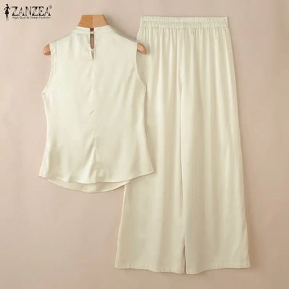 ZANZEA Summer Office Outfits Women Elegant Swing Neck Sleeveless Tanks Tops Pant Sets Fashion OL Work Satin Tracksuit 2 Pieces