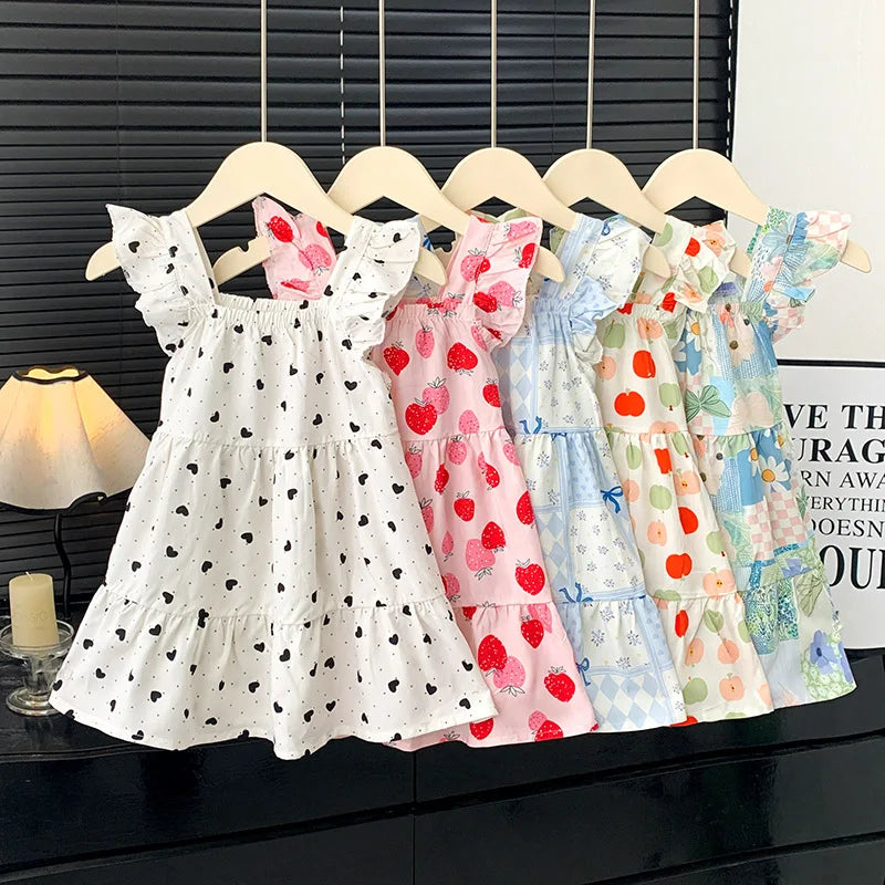2026 Summer Girls Flutter Sleeve Dress Kids Printed Tiered Princess Dresses for 1-12Y Children Vacation Clothes