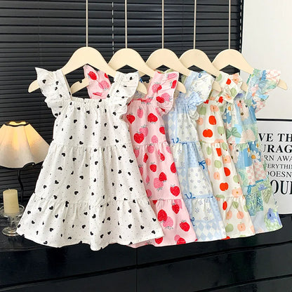2026 Summer Girls Flutter Sleeve Dress Kids Printed Tiered Princess Dresses for 1-12Y Children Vacation Clothes