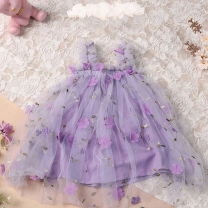 Toddler Baby Girls Tutu Dress Sleeveless Embroidery Floral Print Tulle Dress Little Girl Princess Dresses with Flower Headband