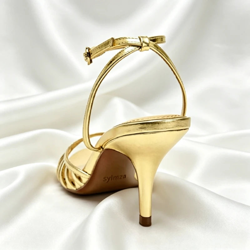 High Quality Summer Women Shoes Gold Ankle Strap Heeled Sandals for Ladies Sexy Open Toe Stilettos High Heels Elegant Party Shoe