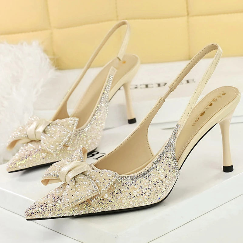 BIGTREE Shoes Sequin Fabric Women Pumps Bowknot Woman Heels Luxury Banquet Shoes Stiletto 8 cm High Heels Summer Heeled Sandals