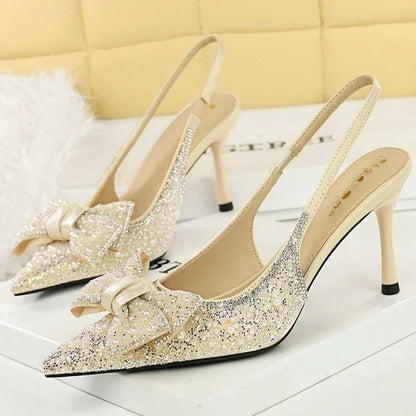 BIGTREE Shoes Sequin Fabric Women Pumps Bowknot Woman Heels Luxury Banquet Shoes Stiletto 8 cm High Heels Summer Heeled Sandals