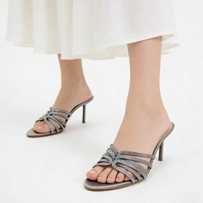 Luxury Rhinestone Detail Women Slippers Sexy Peep-Toe Heeled Sandals for Ladies Elegant Summer Women's Shoes Sandalias De Mujer