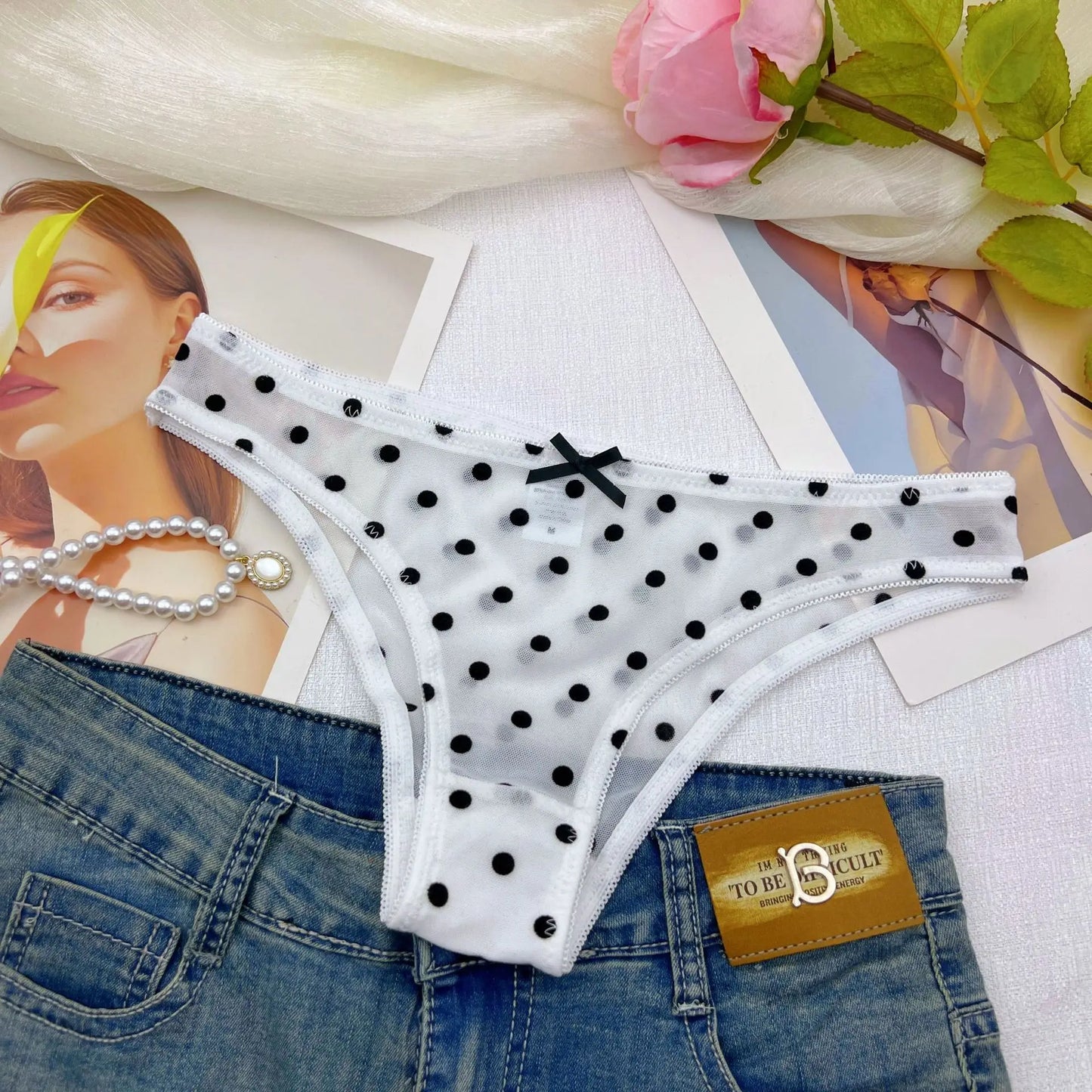 3pcs Lady's Underwear Sexy Bikini Panty Women's Polka Dot Mesh Briefs Low Rise Cut Cheeky Bow Decor Cute Underwear All-season