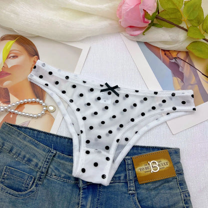 3pcs Lady's Underwear Sexy Bikini Panty Women's Polka Dot Mesh Briefs Low Rise Cut Cheeky Bow Decor Cute Underwear All-season