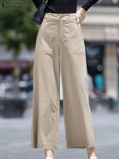 ZANZEA Holiday Solid Pockets Pants Women Straight Long Pants Casual Loose Wide Leg Trousers 2024 Summer High Waist Pantalons