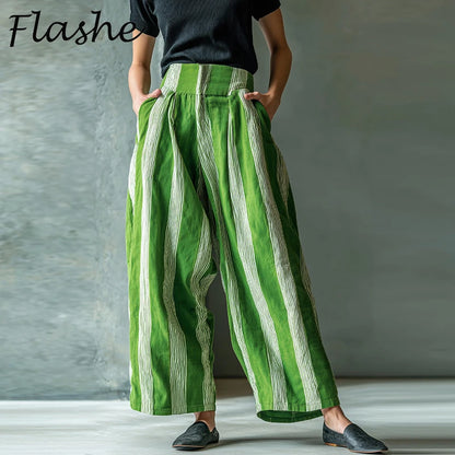 Summer High Waist Pocket Striped Printed Pants Women Casual Pocket Wide Leg Pants Female Fashion Streetwear