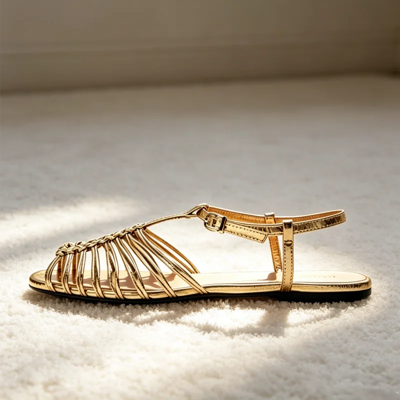 NEW Style Cage Flat Sandals Women Metallic Finish Ankle Strap Buckle Gladiator Sandals for Girls Summer Luxury Designer Shoes