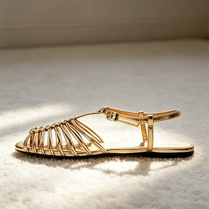 NEW Style Cage Flat Sandals Women Metallic Finish Ankle Strap Buckle Gladiator Sandals for Girls Summer Luxury Designer Shoes