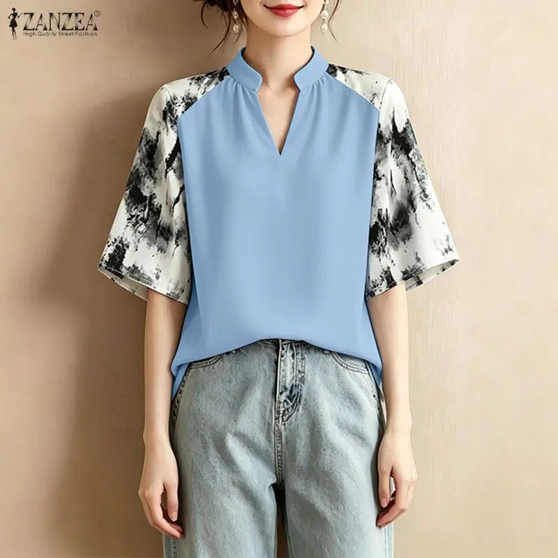 ZANZEA Elegant Blouses for Woman Patchwork Fashion Printed 3/4 Sleeve V-Neck Loose Tops Summer Daily Casual Blusas de Mujer