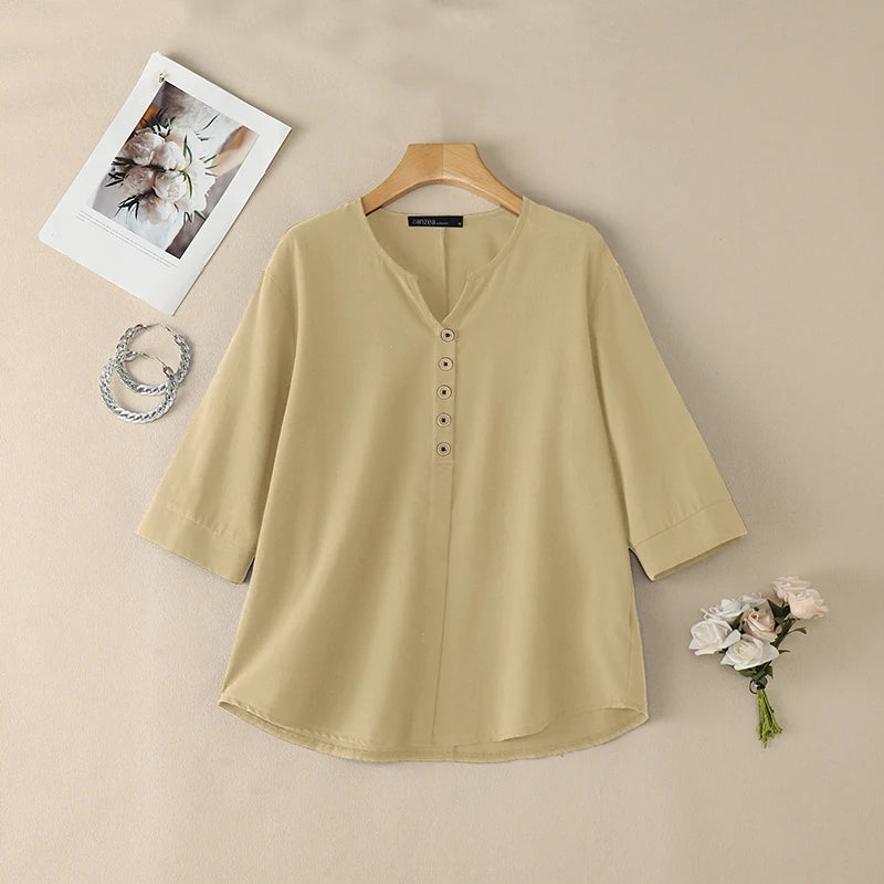 ZANZEA Woman Cotton Linen 3/4 Sleeve Blouses V-Neck Half-Button Solid Color Tops Spring Summer Daily Casual Wear Blusas de Mujer