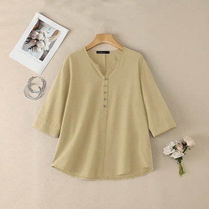 ZANZEA Woman Cotton Linen 3/4 Sleeve Blouses V-Neck Half-Button Solid Color Tops Spring Summer Daily Casual Wear Blusas de Mujer
