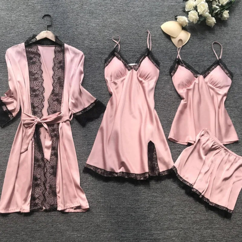4 Pieces/Set Women's Sexy Lace Pajamas Fashion V-Neck Gown Comfort Pajamas Pajamas Pajamas with Chest Pads Nightdress