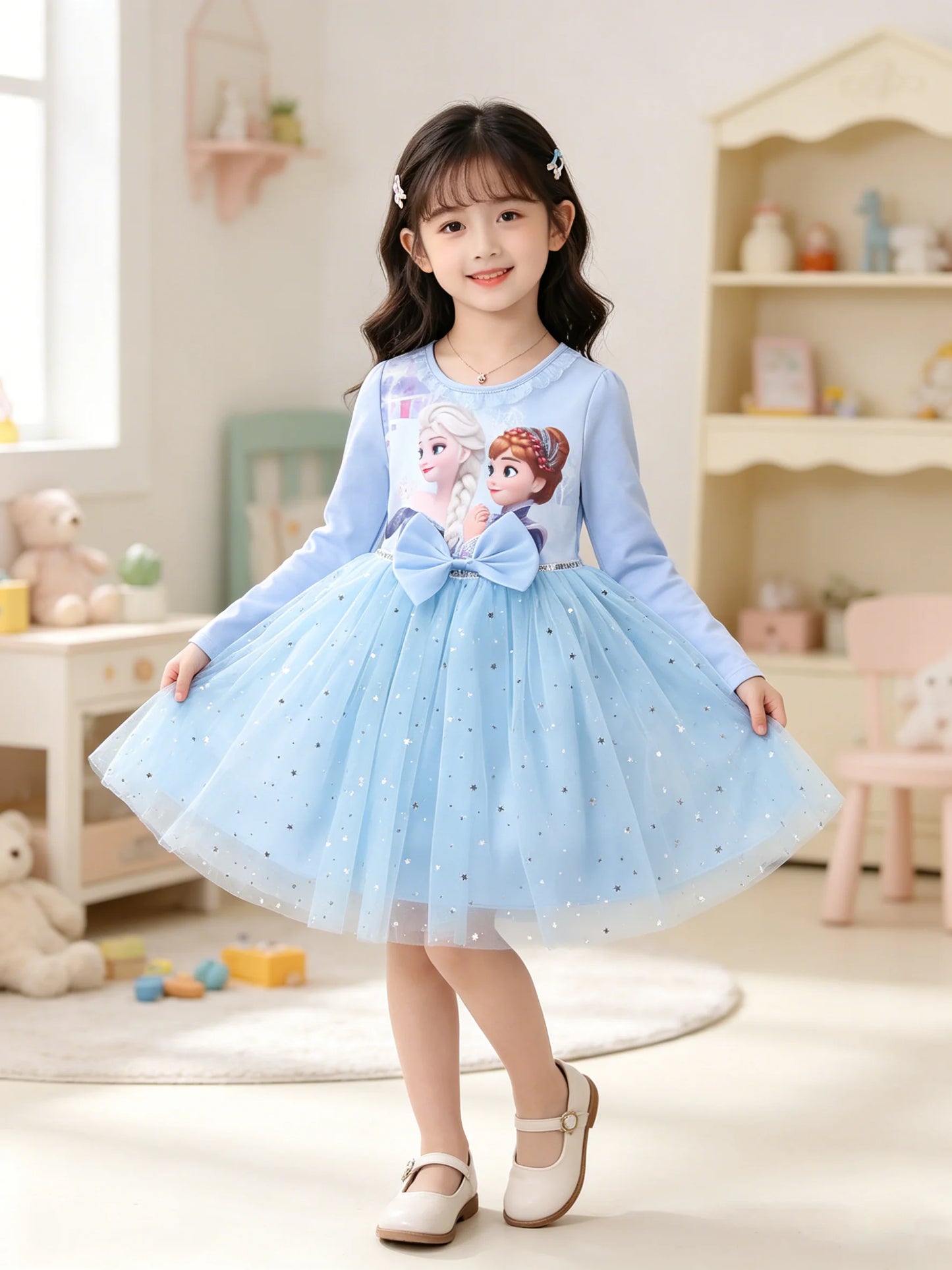 2026 New Snow Queen Dress for Girls Long Sleeve Cotton Lining Puffy Tulle Tutu Princess Gown Kids Birthday Party Clothes Blue
