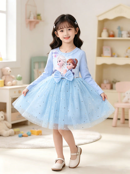 2026 New Snow Queen Dress for Girls Long Sleeve Cotton Lining Puffy Tulle Tutu Princess Gown Kids Birthday Party Clothes Blue