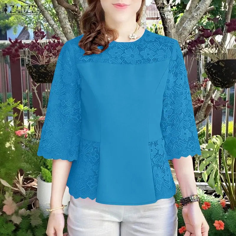 ZANZEA Women's Lace Patchwork Blouses 2026 Summer O-Neck 3/4 Sleeve Solid Color Blusas Casual and Day Elegant Woman Clothes 3XL